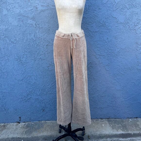 Y2k Velour Track Pants Beige Size Medium 2000s Wide leg Esprit lounge wear - Picture 2 of 12